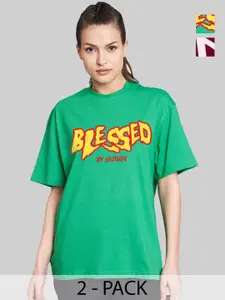 Leotude Women Pack Of 2 Typography Printed Round Neck Cotton Oversized T-shirts