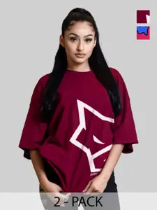 Leotude Women Pack Of 2 Typography Printed Round Neck Cotton Oversized T-shirts