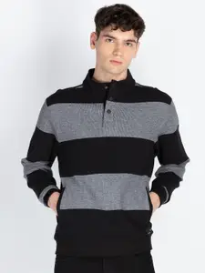 Status Quo Men Striped Mock Collar Pullover Sweatshirt