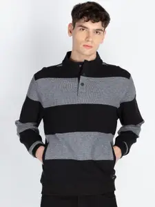 Status Quo Men Cotton Mock Collar Striped Pullover Sweatshirt