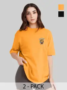 Leotude Women Pack Of 2 Graphic Printed Round Neck Cotton Oversized T-shirts