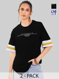 Leotude Women Pack Of 2 Typography Printed Round Neck Cotton Oversized T-shirts