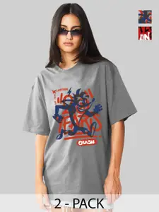 Leotude Women Pack Of 2 Typography Printed Round Neck Cotton Oversized T-shirts