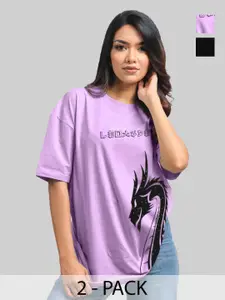 Leotude Women Pack Of 2 Graphic Printed Round Neck Cotton Oversized T-shirts