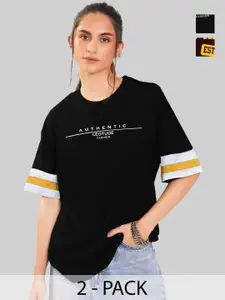 Leotude Women Pack Of 2 Typography Printed Round Neck Cotton Oversized T-shirts