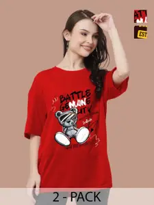 Leotude Women Pack Of 2 Typography Printed Round Neck Cotton Oversized T-shirts