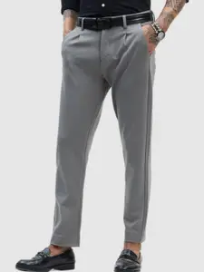 Snitch Men Grey Plain Slim Fit Trousers