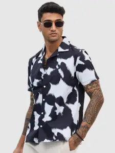 Snitch Men Relaxed Boxy Fit Cuban Collar Abstract Printed Casual Shirt