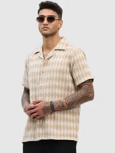 Snitch Men Relaxed Boxy Fit Cuban Collar Geometric Printed Cotton Casual Shirt