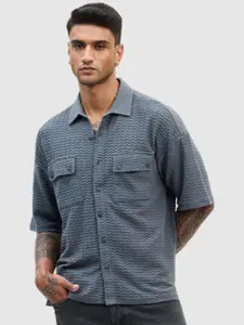 Snitch Men Relaxed Boxy Fit Spread Collar Textured Cotton Casual Shirt