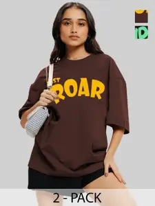 Leotude Women Pack Of 2 Typography Printed Round Neck Cotton Oversized T-shirts