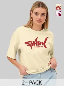 Leotude Women Pack Of 2 Typography Printed Round Neck Cotton Oversized T-shirts