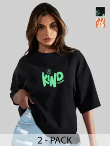 Leotude Women Pack Of 2 Typography Printed Round Neck Cotton Oversized T-shirts