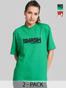 Leotude Women Pack Of 2 Hulk Graphic Printed Round Neck Cotton Oversized T-shirts