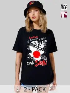 Leotude Women Pack Of 2 Typography Printed Round Neck Cotton Oversized T-shirts