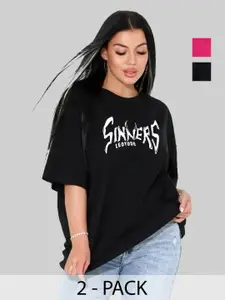 Leotude Women Pack Of 2 Typography Printed Round Neck Cotton Oversized T-shirts