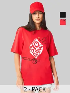 Leotude Women Pack Of 2 Typography Printed Round Neck Cotton Oversized T-shirts