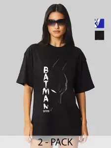 Leotude Women Pack Of 2 Batman Typography Printed Round Neck Cotton Oversized T-shirts