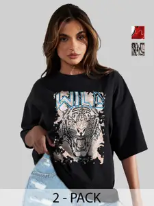Leotude Women Pack Of 2 Graphic Printed Round Neck Cotton Oversized T-shirts