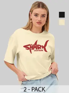 Leotude Women Pack Of 2 Typography Printed Round Neck Cotton Oversized T-shirts