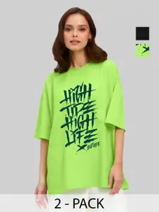 Leotude Women Pack Of 2 Typography Printed Round Neck Cotton Oversized T-shirts