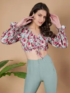 Slenor Women Floral Printed Ruched Tie-Front Crop Blouson Top