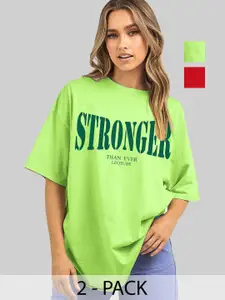 Leotude Women Pack Of 2 Typography Printed Round Neck Cotton Oversized T-shirts