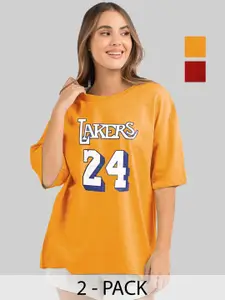 Leotude Women Pack Of 2 Typography Printed Round Neck Cotton Oversized T-shirts