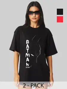 Leotude Women Pack Of 2 Batman Typography Printed Round Neck Cotton Oversized T-shirts