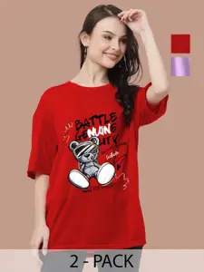 Leotude Women Pack Of 2 Graphic Printed Round Neck Cotton Oversized T-shirts