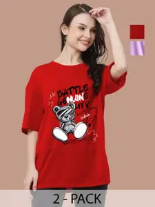 Leotude Women Pack Of 2 Graphic Printed Round Neck Cotton Oversized T-shirts