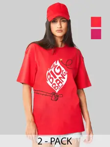 Leotude Women Pack Of 2 Typography Printed Round Neck Cotton Oversized T-shirts