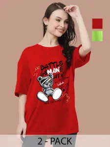 Leotude Women Pack Of 2 Typography Printed Round Neck Cotton Oversized T-shirts