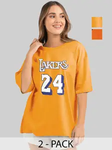 Leotude Women Pack Of 2 Typography Printed Round Neck Cotton Oversized T-shirts