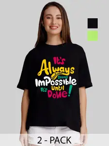 Leotude Women Pack Of 2 Typography Printed Round Neck Cotton Oversized T-shirts