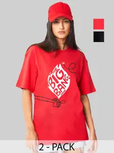 Leotude Women Pack Of 2 Typography Printed Round Neck Cotton Oversized T-shirts