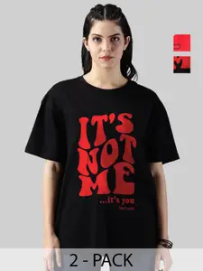 Leotude Women Pack Of 2 Typography Printed Round Neck Cotton Oversized T-shirts