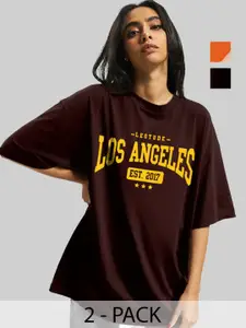 Leotude Women Pack Of 2 Typography Printed Round Neck Cotton Oversized T-shirts