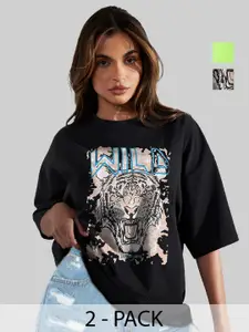 Leotude Women Pack Of 2 Graphic Printed Round Neck Cotton Oversized T-shirts