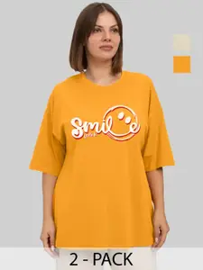 Leotude Women Pack Of 2 Graphic Printed Round Neck Cotton Oversized T-shirts