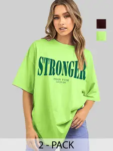 Leotude Women Pack Of 2 Typography Printed Round Neck Cotton Oversized T-shirts