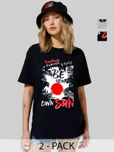 Leotude Women Pack Of 2 Typography Printed Round Neck Cotton Oversized T-shirts