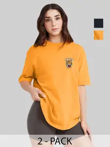 Leotude Women Pack Of 2 Graphic Printed Round Neck Cotton Oversized T-shirts