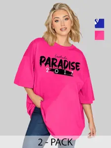 Leotude Women Pack Of 2 Typography Printed Round Neck Cotton Oversized T-shirts