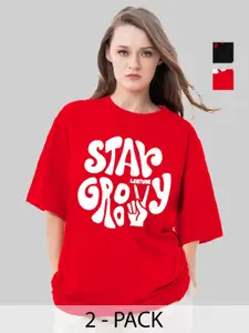 Leotude Women Pack Of 2 Typography Printed Round Neck Cotton Oversized T-shirts