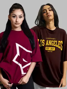 Leotude Women Pack Of 2 Typography Printed Round Neck Cotton Oversized T-shirts