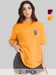 Leotude Women Pack Of 2 Graphic Printed Round Neck Cotton Oversized T-shirts