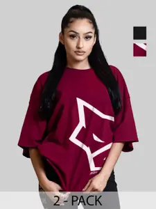 Leotude Women Pack Of 2 Graphic Printed Round Neck Cotton Oversized T-shirts