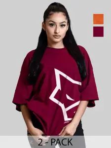 Leotude Women Pack Of 2 Typography Printed Round Neck Cotton Oversized T-shirts