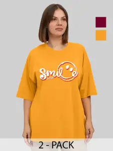 Leotude Women Pack Of 2 Typography Printed Round Neck Cotton Oversized T-shirts